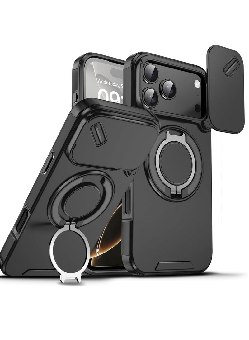 Abania iPhone 17 Pro Case with MagSafe, Slide Camera Cover 360° Ring Stand, Black Military-Grade Shockproof Anti-Fingerprint iPhone 17 Pro Cover Compatible with MagSafe Accessories - Image 1